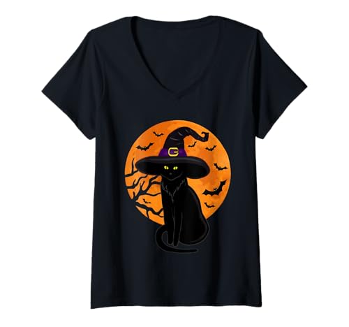 Mujer Vintage Scary Halloween Black Cat Costume Witch Hat & Moon Camiseta Cuello V