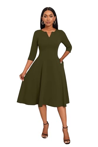 Image of Nmoder Midi Dresses for Women A-Line Fit and Flare Dress 3 /4 Sleeve V Neck Cocktail Wedding Guest Work Dress with Pockets