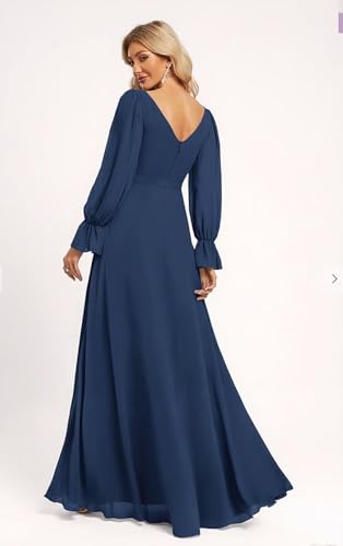 Women's Ruffles Sleeves Bridesmaid Dresses with Pockets Long A Line Empire Waist Chiffon Formal Prom Dress S112