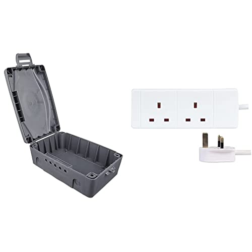 Masterplug WBX-MS Weatherproof Electric Box for Outdoors, 345 x 220 x 126.5 mm, Grey & PRO ELEC PELB1509 2 Gang Extension Lead White, 2m