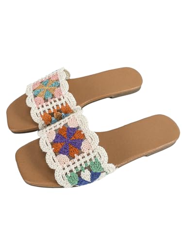 Verdusa Women's Crochet Flat Sandals Square Open Toe Slide Colorblock Trim Sandal