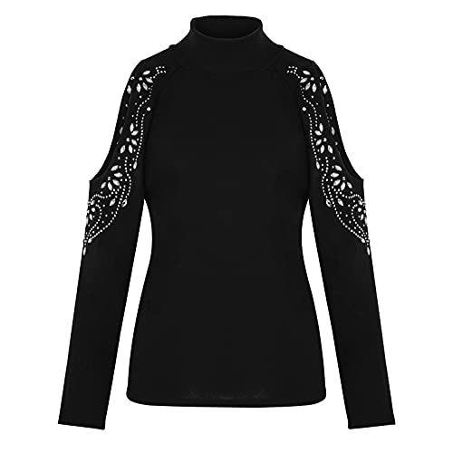 Women Off Shoulder Sexy Sweaters Turtleneck Slim Fitting Rhinestone Decoration T-Shirts Long Sleeve Fashion Solid Tops Black #TOP4