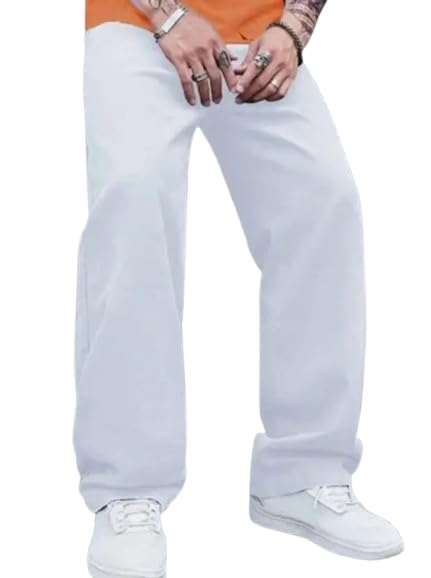 Men’s Relaxed Fit Mid Rise White Jeans – Solid White Casual Cotton Denim Trousers with Comfortable Fit-image-0