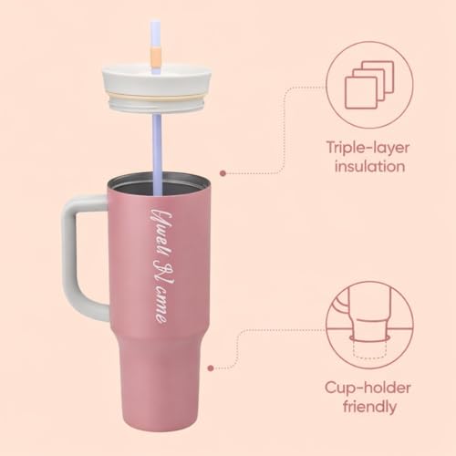 Image of Zephorus Stainless Steel Triple Layer Insulated Travel Tumbler with Spill Resistant Lid, Straw, and Carry Handle, BPA Free, 40 oz, Dusty Pink (Yoga Rose)