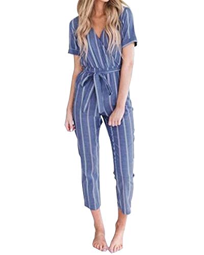 Mono Largo Mujer Manga Corta Raya Jumpsuit Vendaje En Cintura Alta Casual Oficina Nueve Pantalones Azul L