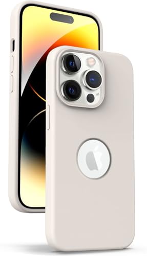 Image of Elzzi Microfiber Logo Cover Compatible for iPhone 14 Pro Max Case Liquid Silicone Cases Full Body 4 Layer Protective Covers Shockproof Back Cover (Stone)