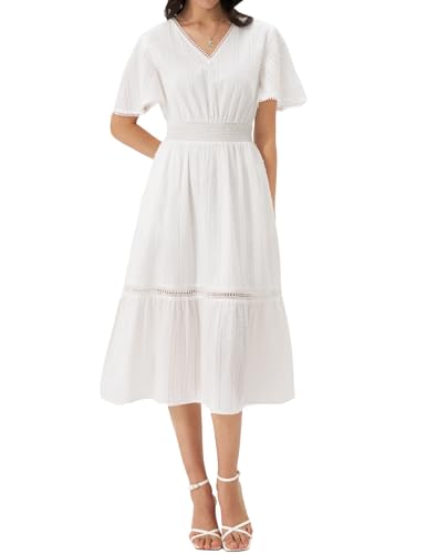 Image of Olaesa Women's Summer V Neck Smocked Cotton Dresses Puff Sleeve Flowy A Line Midi Wedding Guest Dress with Pockets