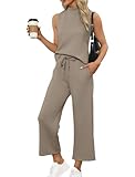 Desol Trainingsanzug Sommer Outfits Zweiteiler Jogginganzug Damen Freizeit Tracksuit Ärmellos Lässige Hausanzug Jogginghosen Trainingsanzüge mit Taschen Braun M