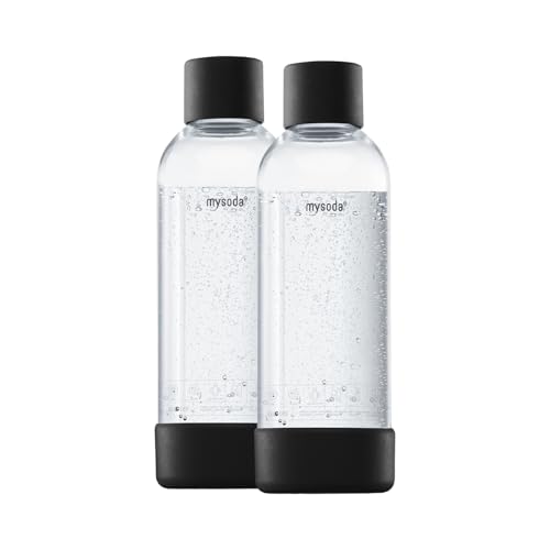 Mysoda: Wasserflasche für Wassersprudler, BPA-freies Plastik, mit 'Quick-Lock'-Schnellverschluss, Details aus Holzkomposit, 2 x 1L - Schwarz
