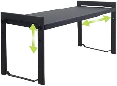 Goodsnetic Expandable Cabinet Shelf 13.8~26"(L), Stackable Kitchen Counter Organizer, 22LBS Heavy Duty Riser, Countertop Storage Pantry shelf, Durable Metal Sink Shelves (Black M)