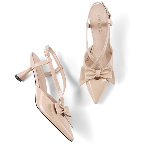 Image of LOCERICH Women's Kitten Heels Slingback Low Heel Bow Closed Toe Pumps | Kitten Heel for Bridal Wedding Party Dress Shoes