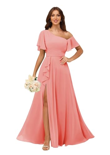 Image of One Shoulder Bridesmaid Dresses for Women with Pockets Short Sleeve Ruffled Chiffon Formal Evening Gowns