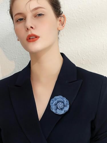 Image of Fashion Denim Camellia Flower Lapel Brooch Pin for Women Girls Fabric Floral Bouquet Corsage Pins Clip Sweater Coat Dress Suit Backpack Brooches Pins Boho Jewelry Gifts Clothes Accessories