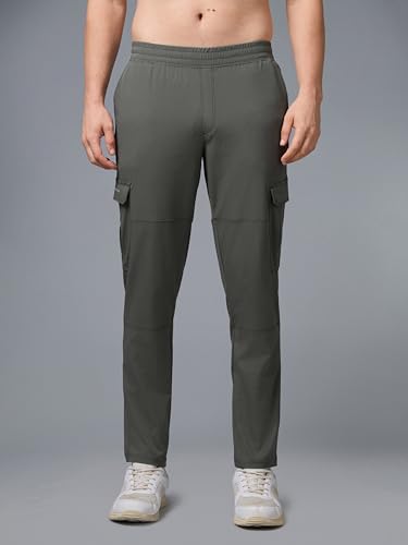 Image of TECHNOSPORT Men's Solid Straight Fit Cargo Pants TS Flexi 6 Pocket Polyester Quick Dry Elasticated Drawstring for Gym Travel Running Workout