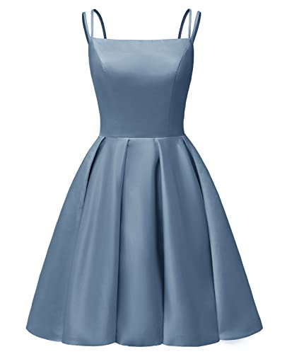 Image of Tianzhihe Satin Homecoming Dresses for Teens 2026 Spaghetti Straps A-line Square Neck Short Cocktail Party Dress with Pockets