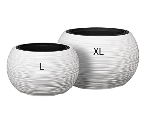 MELTOM Blumentopf Schale mit Herausnehmbaren Einsatz Rund Gerillt, Set 2: L + XL (Weiß)