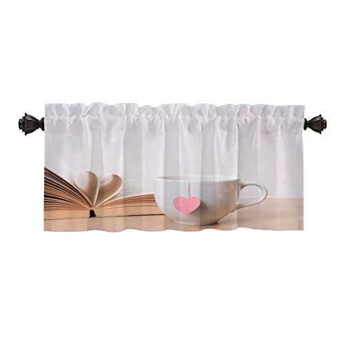 Batmerry Red Heart Book Vintage Kitchen Valances Half Window Curtain, Tea Cup With Red Heart Book Shelf Valentines Day Vintage Kitchen Valances For Windows Valance For Decor Reducing The Light #TOP24