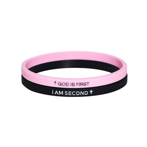Black and Pink God is First I am Second Silicone Bracelets Christian Bible Verse Rubber Bracelets Religious Christian Quote Bangle Bracelet for Men Women- 2PCS