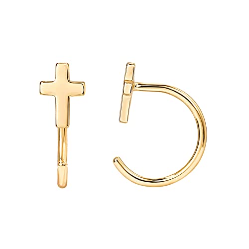 PAVOI 14K Gold Plated 925 Sterling Silver Huggie Half Hoop Earrings | Hypoallergenic Minimalist Tiny Cartilage Earring (Cross, Yellow Gold)
