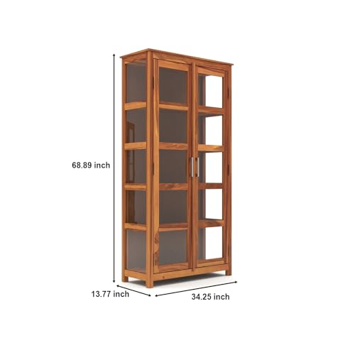 Image of Ekdantix FurnitureSolid Wood Bookshelf with Acrylic Glass Doors | Wooden Display Cabinet for Living Room | Multipurpose Storage Almirah for Books, Decor & Office Use (Honey Finish)