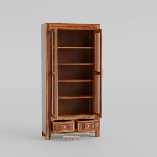 Image of Solid Wood Display Cabinet with Acrylic Glass Doors & Storage Drawers | Modern Wooden Bookcase & Crockery Unit for Living Room, Dining Room & Home Decor (Natural Finish)