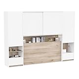 Miroytengo Cabecero Puente Watson, Cabezal con Almacenamiento Dormitorio 2 cajones, 6 estantes, Puerta corredera Roble Kronberg Blanco Mate 288x203x45 cm