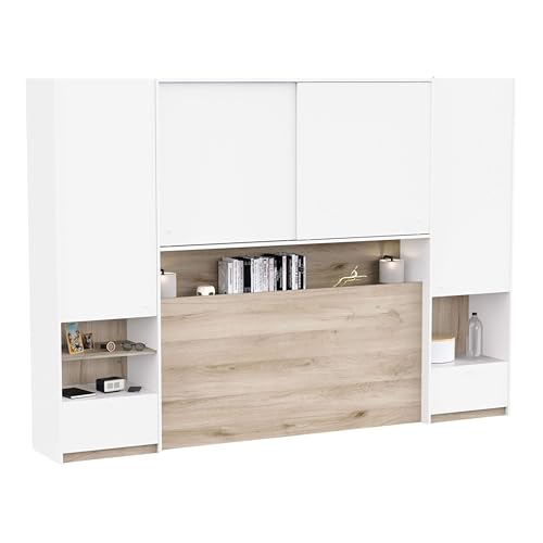 Miroytengo Cabecero Puente Watson, Cabezal con Almacenamiento Dormitorio 2 cajones, 6 estantes, Puerta corredera Roble Kronberg Blanco Mate 288x203x45 cm