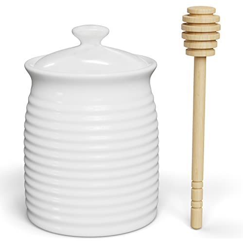 Kook Ceramic Honey Jar With Lid, Wooden Dipper, Small Beehive Honey Pot With Lid, Durable Stoneware, Microwave & Dishwasher Safe, 20 Oz, Glossy Finish, White #TOP1