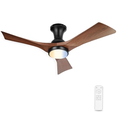 JAZAVA 42" 3-Blade Flush Mount Ceiling Fan with Light & Remote, Wood Grain