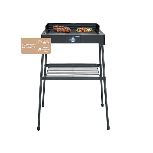 SEVERIN Standgrill mit Aluminium-Grillplatte und Standuntergestell mit Ablagerost, Elektrogrill mit schnellem Grill-Start, Balkon Grill ohne Verbrennungsgefahr, Schwarz, PG 8568 1