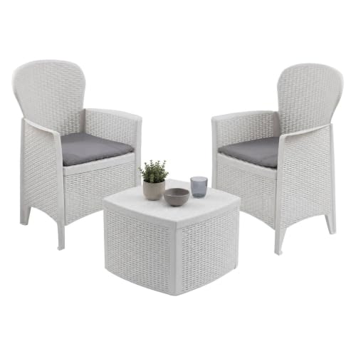 Dmora - Ensemble de salon d'extérieur Naples, Composition de jardin avec 2 fauteuils et 1 table de rangement, Salon effet rotin, 100% Made in Italy, Blanc