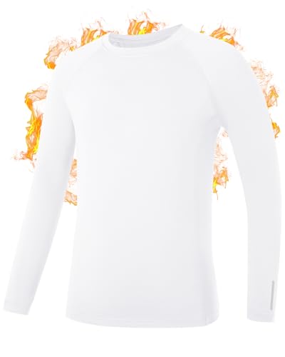 RIKUAOU Youth Boys Thermal Compression Shirts, Fleece Lined Long Sleeve Undershirt, Athletic Base Layer Top Soccer Football White