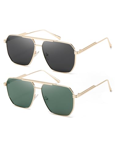 (2 PACK) Retro Oversized Square Polarized Sunglasses for Women and Men Vintage Shades Classic Large Metal Sun Glasses
