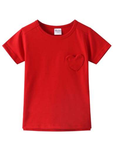 Image of Noomelfish Girls Short Sleeve Heart Pocket T-Shirts Casual Cotton Tee Tops Blouse (5-12 Years)