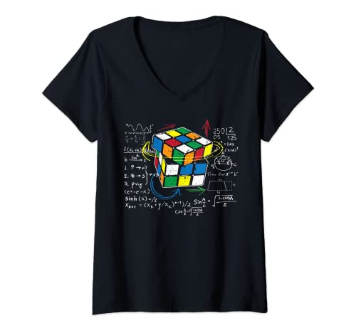Womens Cube Magic with Math Equations Retro Nerdy Rubik V-Neck T-Shirt