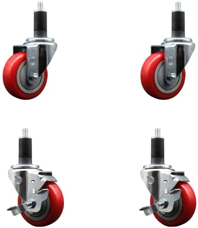 Polyurethane Swivel Expanding Stem Caster Set of 4 with 3.5 Inch Red Wheels and 1-1/4" Stems - Includes 2 with Top Locking Brakes - 1200 lbs Total Capacity - Service Caster Brand