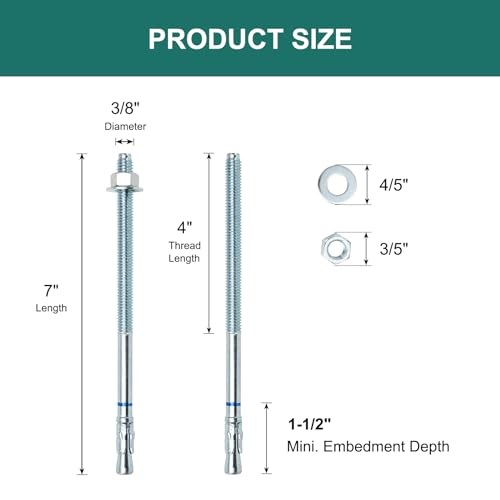 Hromigry MGWA38X7P50Z 3/8 Inch X 7 Inch Concrete Anchors (50 Pack) 3/8 Inch Wedge Anchors Bolts Zinc Plated thumb #1