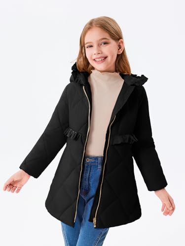 Haloumoning Girls Winter Coats Warm Hoodie Puffer Jacket Quilted Ruffle Fleece Coat 4-14 Years2