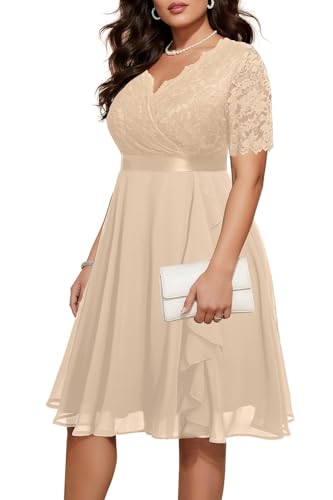 Talisea Plus Size Champagne Wedding Guest Lace Chiffon Tea Length Dress