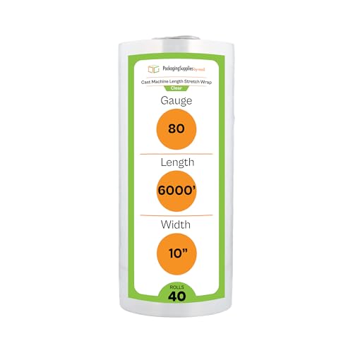 PSBM Machine Stretch Wrap, 1 Pack, 10 Inch x 6000 Feet, 80 Gauge, Clear Plastic Cling, Cast Stretch Film Rolls for Packaging Moving Packing Pallets