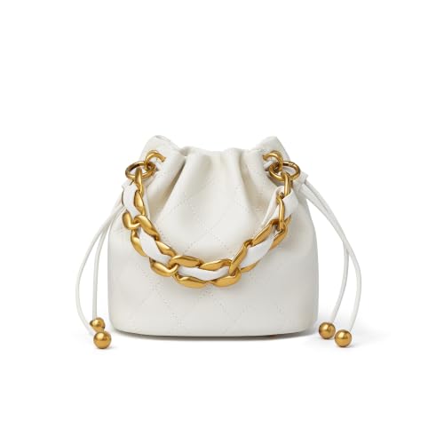 Image of DORIS&JACKY Small Top Handle Bucket Bag, Designer Lambskin Drawstring Crossbody Purse with Chunky Chain Tote Strap