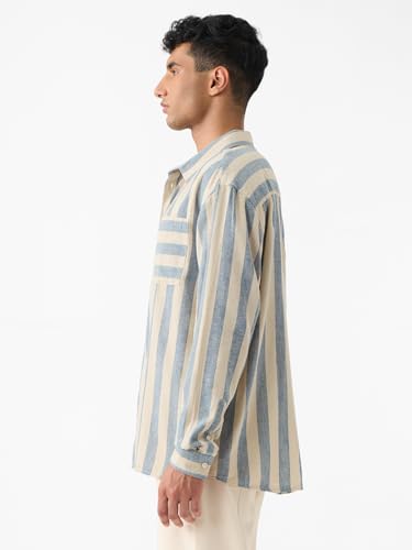 Image of The Souled Store Cotton Linen Stripes: Ashen Men and Boys Long Sleeve Spread Collar Button Front Green Striped Regular Fit Easy to Dress Officewear Casual Cotton Linen Shirts