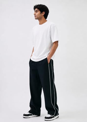 Image of Men's Black Wide Leg Track Pants with White Side Piping, Casual Style