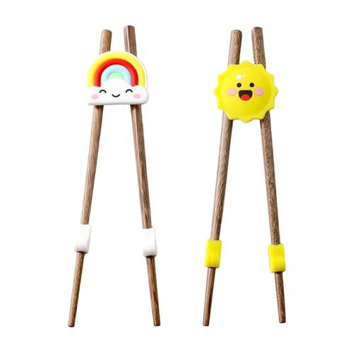 2 Paare Essstäbchen Stäbchen Hilfe für Anfänger Holz Stäbchen zum Essen Niedliche Übungsstäbchen Einfach zu Bedienen Sushi Stäbchen Set für Asiatische Küche Gelbe Sonne und Regenbogen