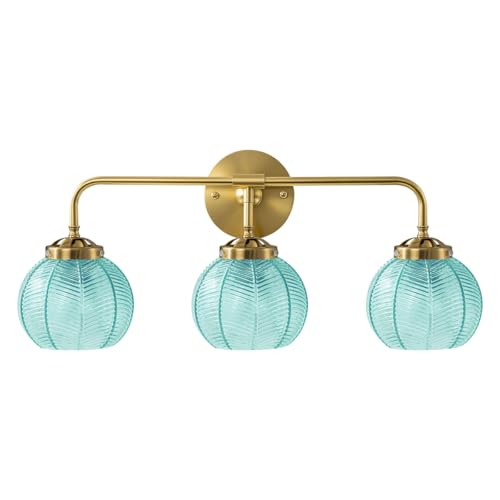 Image of Modern Gold Bathroom Wall Lights with Blue Glass Globe, 3-Light | Mid Century, Vintage, Wall Sconce, Bathroom Vanity Lights, E26, Easy Install, Blue Globe Shade, Bedside, Bedroom, Doorway