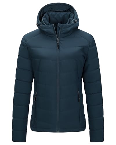 Outdoor Ventures Women's Winter Puffer Jacket Quilted Padded Coat Transitional Insulated Hooded Jackets Windproof Outerwear for Hiking Travel Skiing Deep Blue XS