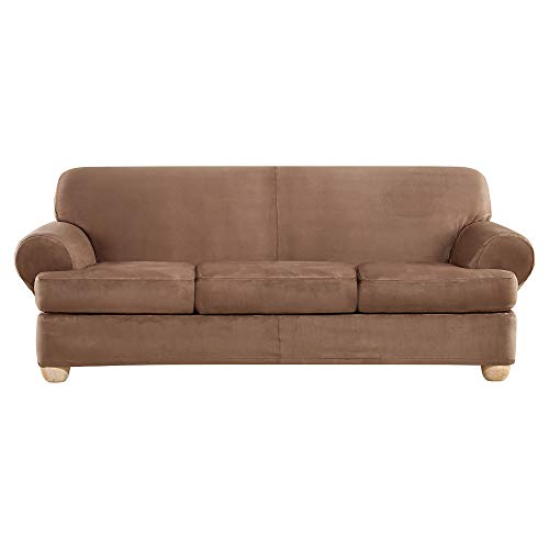 SureFit Ultimate Heavyweight Stretch Suede Slipcover (Luggage, 4 Piece T-Cushion Sofa)