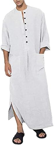 YAOHUOLE Button Up Long Sleeve Home Robe Side Split Men's Kaftan Long Gown Thobe Casual Shirt White M