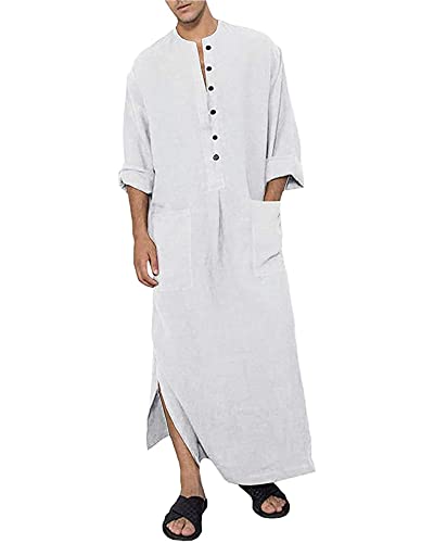 Yaohuole Button Up Long Sleeve Home Robe Side Split Men's Kaftan Long Gown Thobe Casual Shirt White M #TOP7