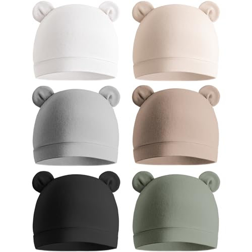 Image of Konssy 6-Pack Baby Newborn Hats with Bear Ears Baby Beanie Hats - Soft Caps for Infant Boys & Girls, 0-3 Months